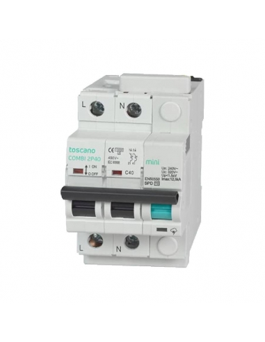 Compact protector single-phase transient surges TYPE 2 and permanent + IGA  2x32A 10kA COMBI-MINI-2P32T15 - Toscano