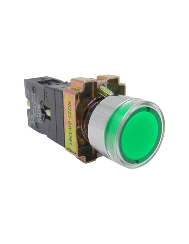 Luminous green metal pushbutton open contact (NA) complete