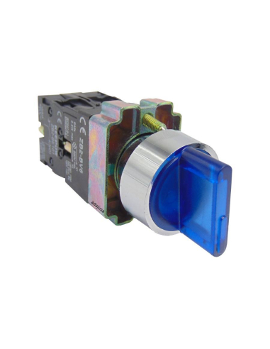 Selector luminoso azul 3 posiciones metálico completo 2 contactos 1NA+1NC