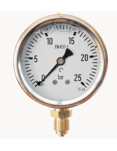 Pressure gauge with glycerin 0 - 10 bar diameter 63mm bar stainless steel case side entry - Metal Work