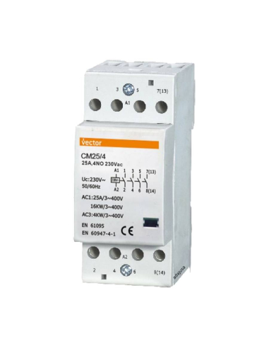 Contactor modular de 25A 4 Polos abiertos 230Vac